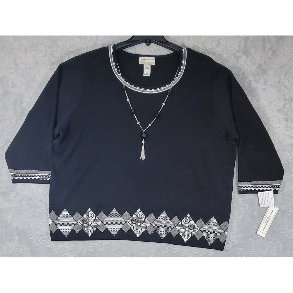 Alfred Dunner Woman's Plus Size 3X Black & White Sweater with Removable Necklace